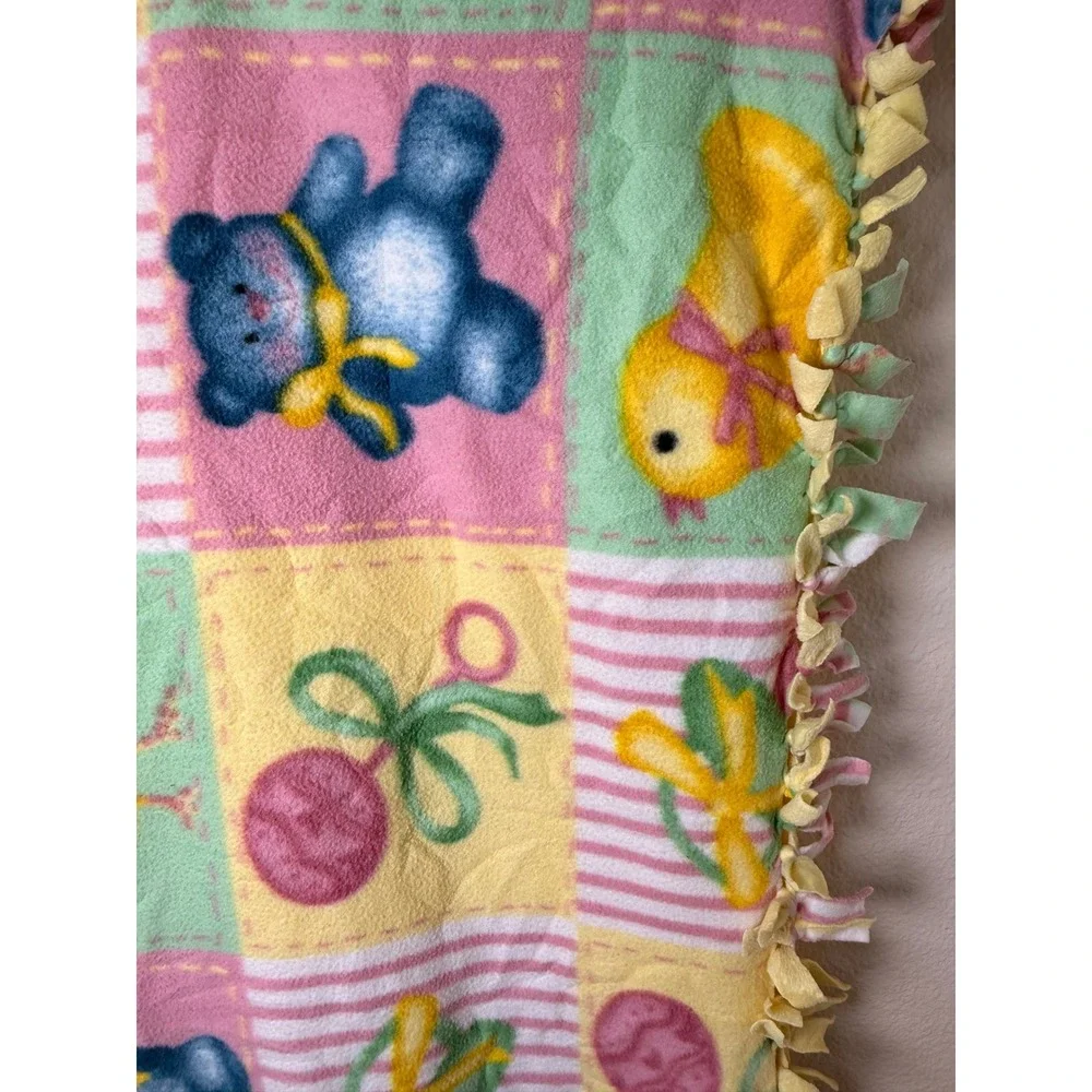 Handmade Fleece Tie Blanket Baby Duck Teddy Bear Pink Yellow Blue 56x32 Throw